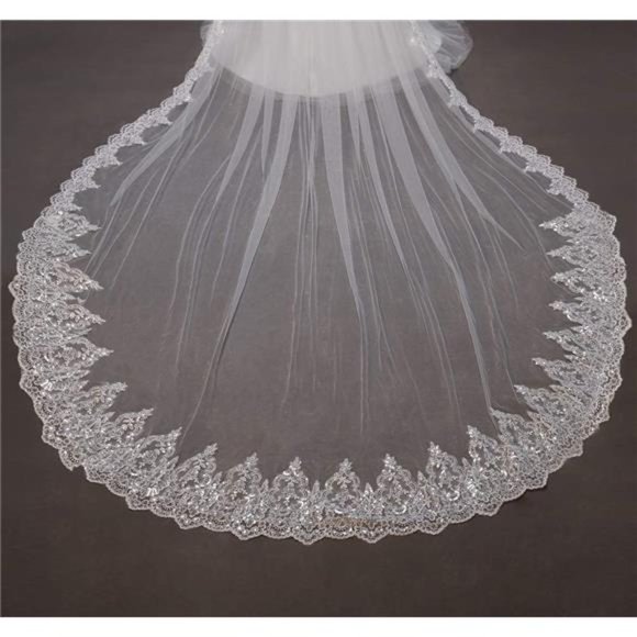 Women\'s Long Cathedral Sequin Lace Wedding Bridal Veil With Metal Comb main image 5